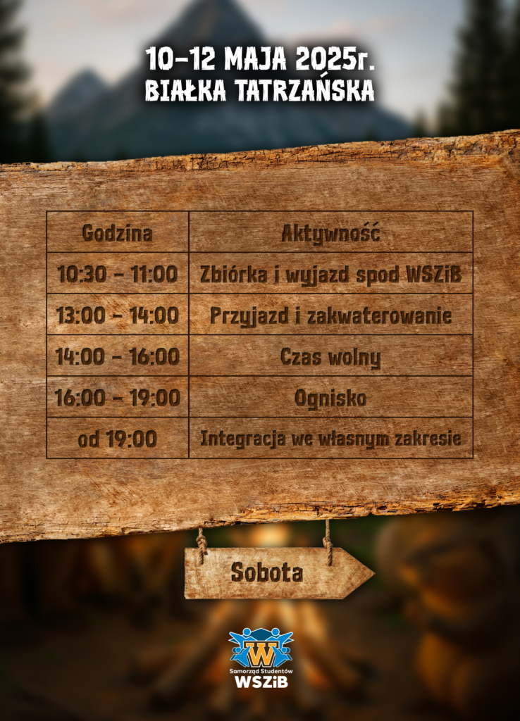 Harmonogram wyjazduy sobota:
10:30-11:00 Zbiórka
13:00-14:00 Przyjazd i zakwaterowaanie
14:00-16:00 Czas wolny
16:00-19:00 Ognisko
od 19:00 Integracja